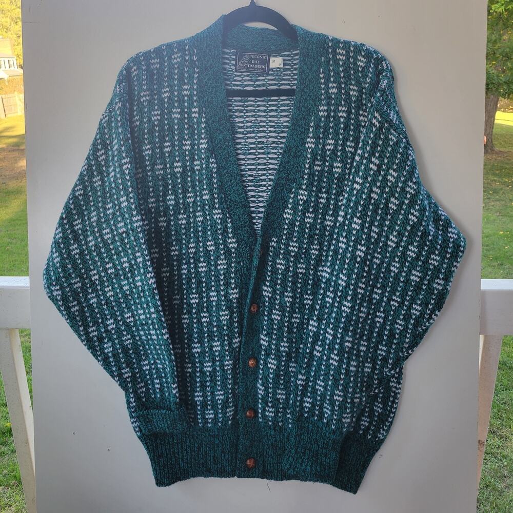Peconic Bay Traders Cardigan Sweater Men's Size M Green Grandpa Vintage Wool Ble